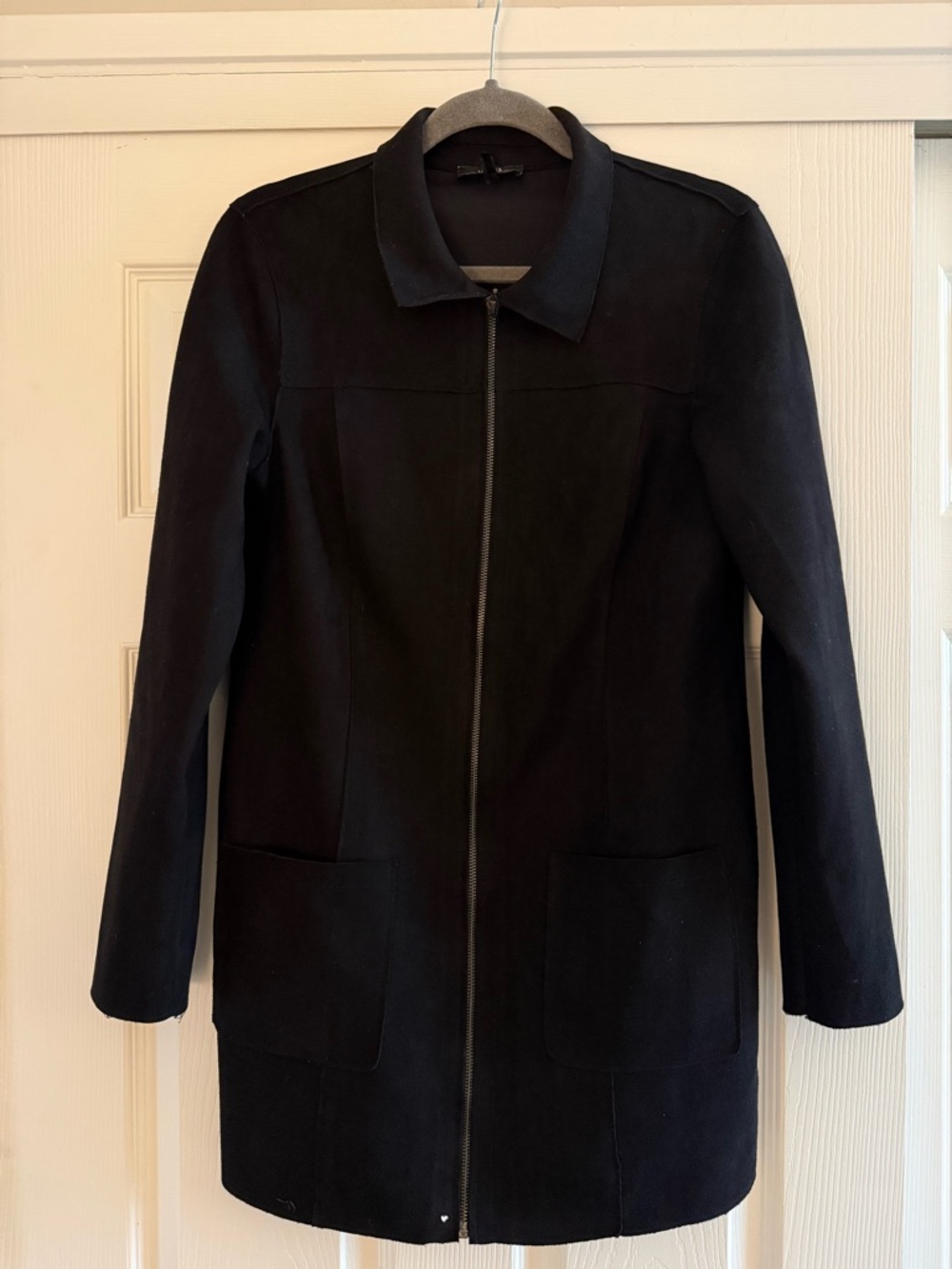 Faux Suede Black Zip-Front Long Coat